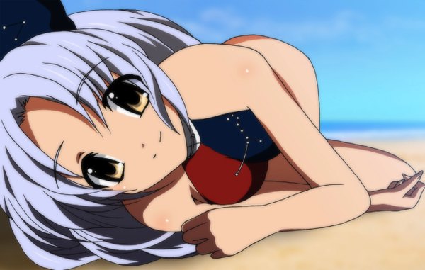 Anime picture 1336x850 with touhou yagokoro eirin yadokari genpachirou single long hair looking at viewer brown eyes blue hair lying beach on side girl swimsuit bikini