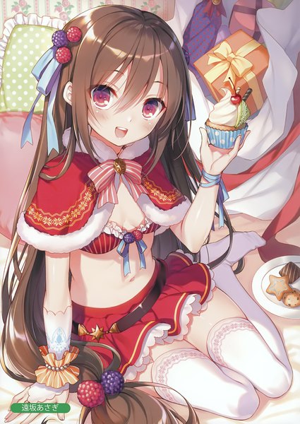 Anime picture 2478x3500 with original melonbooks blackberry-chan toosaka asagi single tall image looking at viewer blush fringe highres open mouth light erotic hair between eyes brown hair sitting purple eyes very long hair scan christmas low ponytail