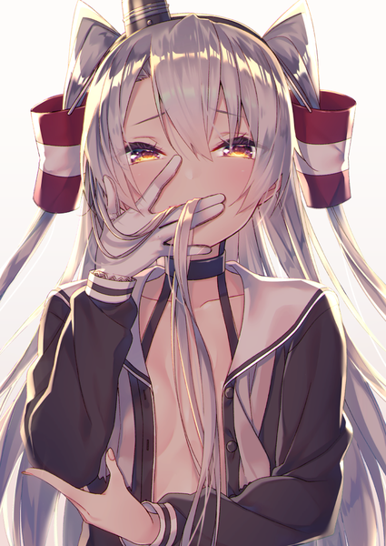 Anime picture 752x1062 with kantai collection amatsukaze destroyer tahya single long hair tall image looking at viewer blush fringe light erotic hair between eyes twintails brown eyes silver hair open clothes girl gloves white gloves collar
