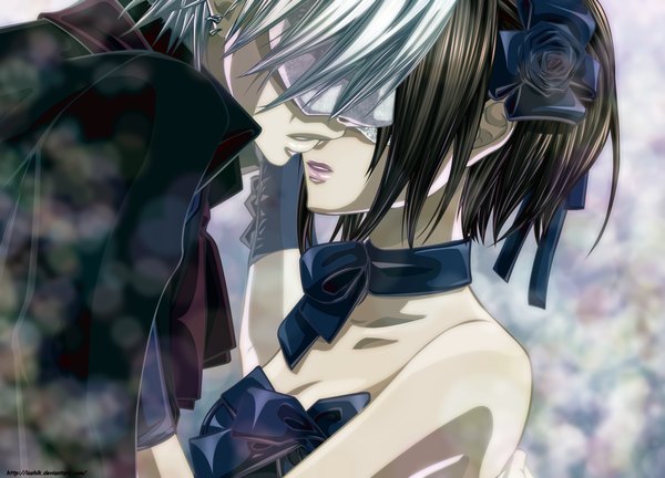 Anime picture 1387x1000 with vampire knight studio deen cross yuki kiryuu zero ioshik open mouth brown hair bare shoulders profile grey hair lipstick coloring almost kiss bow hair bow earrings choker rose (roses) blue rose