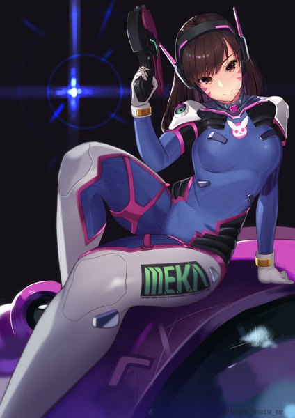 Anime picture 1251x1770 with overwatch blizzard entertainment d.va (overwatch) meka (overwatch) kagematsuri single long hair tall image looking at viewer blush fringe breasts light erotic simple background smile brown hair sitting holding brown eyes signed