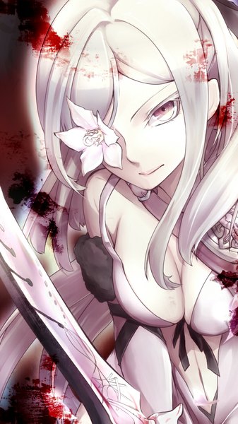 Anime picture 600x1066 with drakengard drag-on dragoon 3 zero (drag-on dragoon) napoli-tan (deuil) single long hair tall image looking at viewer fringe breasts simple background white hair lips serious blood stains flower over eye girl flower (flowers) ribbon (ribbons) weapon