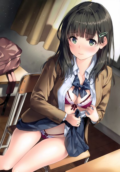 Anime picture 2525x3600 with original unasaka ryou single long hair tall image looking at viewer blush fringe highres breasts light erotic black hair sitting green eyes indoors blunt bangs open clothes dutch angle open shirt thigh gap