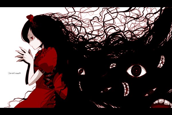Аниме картинка 1200x800 с oso (pixiv) один (одна) длинные волосы чёрные волосы красные глаза белый фон профиль глаза девушка платье чепчик красное платье