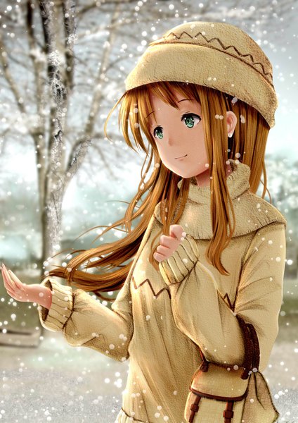 Anime picture 1500x2121 with kirimatsu single long hair tall image fringe smile brown hair green eyes looking away sky upper body arm up snowing winter snow bare tree girl plant (plants) tree (trees) sweater