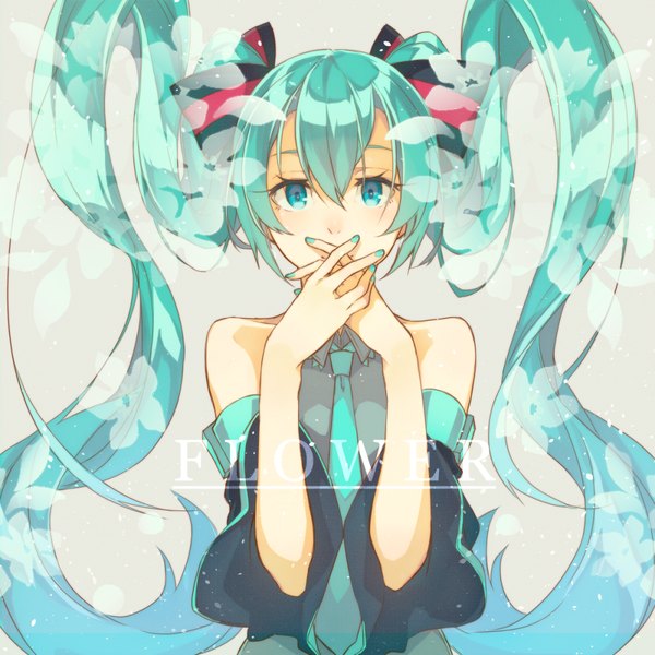 Anime picture 1000x1000 with vocaloid hatsune miku sakino saku single looking at viewer twintails bare shoulders very long hair nail polish aqua eyes aqua hair inscription girl flower (flowers) bow hair bow detached sleeves shirt necktie