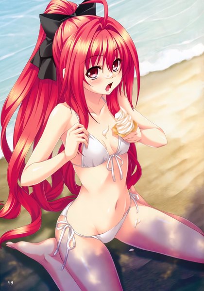 Anime picture 4878x6973 with shinkyoku soukai polyphonica corticarte apa lagranges kannatsuki noboru single long hair tall image looking at viewer blush highres open mouth light erotic red eyes absurdres ponytail red hair scan official art girl bow swimsuit