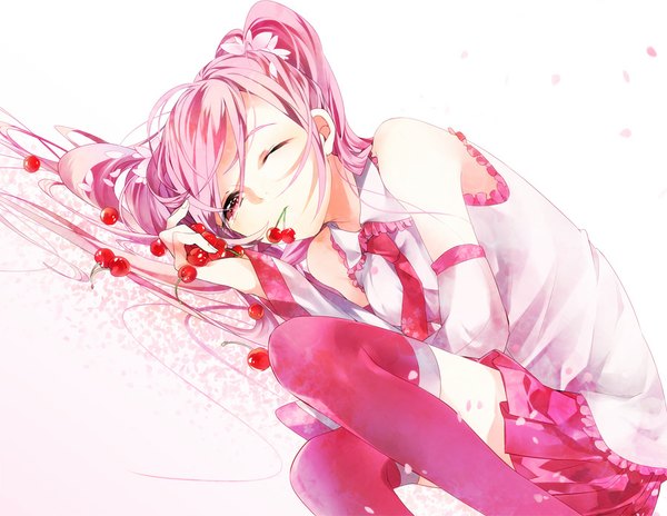 Anime picture 900x697 with vocaloid hatsune miku sakura miku kamari (kama ri) single long hair simple background white background twintails bare shoulders pink hair lying one eye closed pink eyes wink girl thighhighs detached sleeves petals necktie