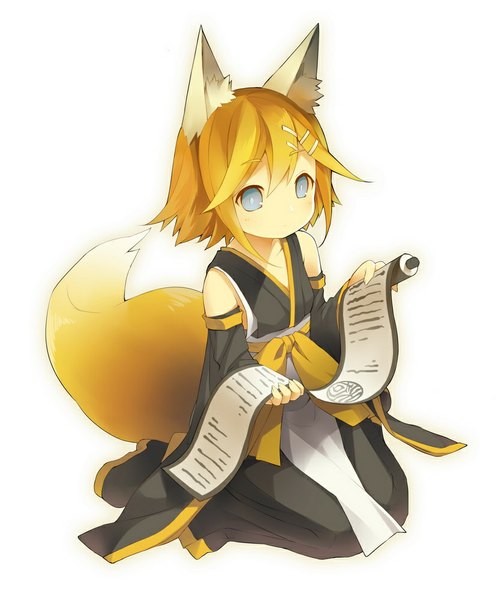 Anime picture 827x1000 with vocaloid kagamine rin saru (longbb) single tall image blush fringe short hair blue eyes simple background blonde hair white background sitting bare shoulders holding animal ears traditional clothes japanese clothes animal tail loli