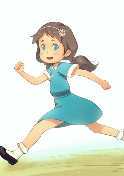 Anime picture 1116x1579 with hinata no aoshigure shigure (hinata no aoshigure) alkemanubis single long hair tall image looking at viewer open mouth blue eyes simple background brown hair white background twintails hair flower short sleeves low twintails running girl dress flower (flowers)