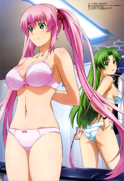 Anime picture 4087x5943 with hagure yuusha no estetica megami magazine arms corporation ousawa miu nanase haruka long hair tall image highres light erotic twintails multiple girls green eyes pink hair absurdres green hair official art underwear only girl navel underwear