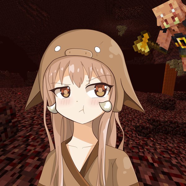 Anime picture 2160x2160 with minecraft tagme (character) tagme (artist) single long hair blush fringe highres brown hair brown eyes looking away upper body indoors :t pout girl cap animal hat cave