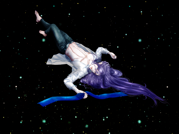Anime picture 1200x900 with vocaloid kamui gakupo mie (miekushinada) single long hair fringe blue eyes light erotic hair between eyes holding looking away purple hair full body bent knee (knees) lying parted lips barefoot bare belly on back open shirt
