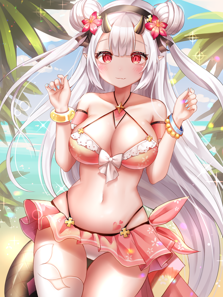 Anime picture 2250x3000 with epic seven yufine (epic7) honyang single tall image looking at viewer blush fringe highres breasts light erotic smile red eyes large breasts standing payot sky cleavage cloud (clouds) outdoors