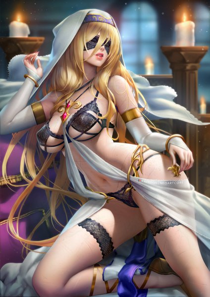 Anime picture 2480x3508 with goblin slayer! sword maiden nudtawut thongmai single long hair tall image fringe highres breasts light erotic blonde hair large breasts bare shoulders payot bent knee (knees) indoors parted lips fingernails realistic kneeling