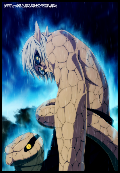 Anime picture 876x1257 with naruto studio pierrot naruto (series) yakushi kabuto belucen single tall image short hair yellow eyes sky cloud (clouds) horn (horns) grey hair from below coloring rain muscle boy plant (plants) animal