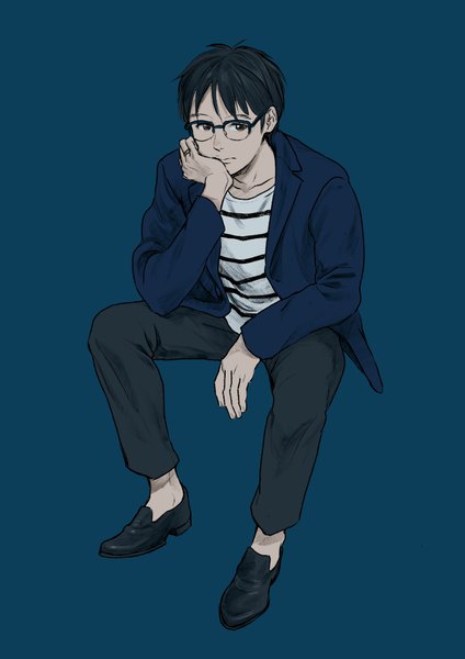Anime picture 707x1000 with yuri!!! on ice mappa katsuki yuuri ganpiro single tall image looking at viewer short hair black hair simple background sitting full body bent knee (knees) grey eyes blue background striped chin rest boy glasses shoes