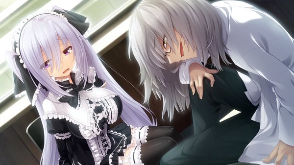 Anime picture 1280x720 with gleam garden no shoujo shirayuki (gleam garden no shoujo) char long hair short hair open mouth wide image purple eyes yellow eyes game cg white hair tears girl thighhighs dress boy black thighhighs glasses frills headdress