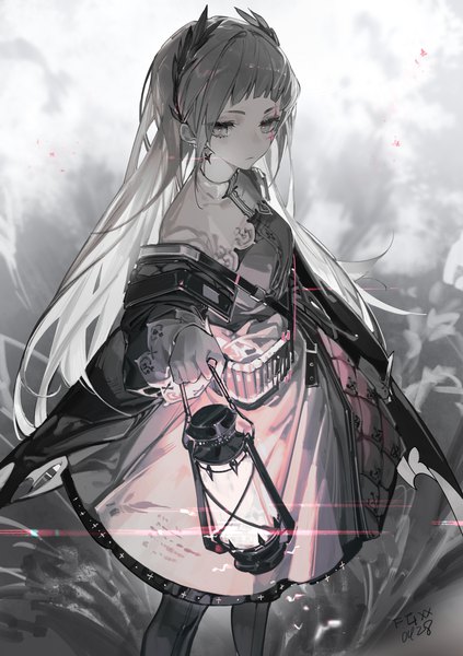 Anime picture 2366x3356 with arknights irene (arknights) fangge xx single long hair tall image fringe highres holding from above grey hair grey eyes girl dress earrings lantern