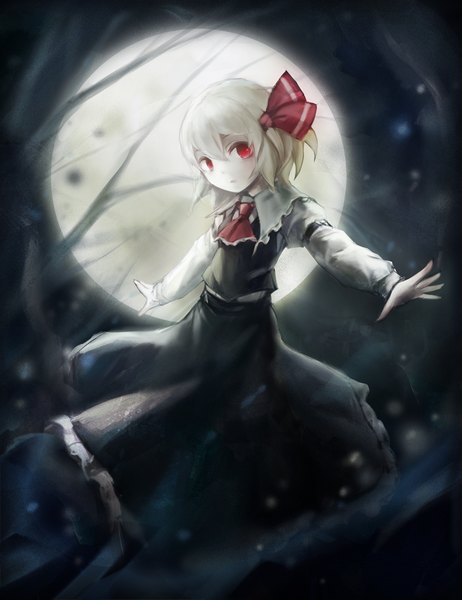 Anime picture 1000x1300 with touhou rumia spark621 single tall image looking at viewer short hair blonde hair red eyes spread arms girl ribbon (ribbons) hair ribbon moon full moon ascot