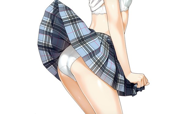 Anime picture 4010x2506 with 5 nenme no houkago kantoku single highres light erotic simple background wide image white background absurdres ass pantyshot wallpaper plaid skirt head out of frame skirt flip girl skirt uniform underwear panties