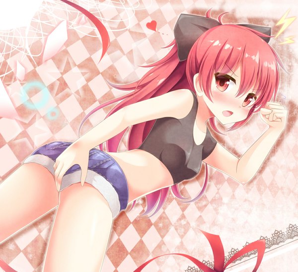 Anime picture 1138x1036 with mahou shoujo madoka magica shaft (studio) sakura kyouko aibumi single long hair blush open mouth red eyes ponytail red hair bow hair bow shorts