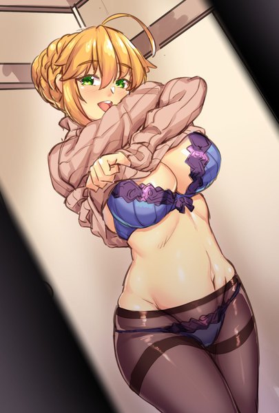 Anime picture 1181x1748 with fate (series) fate/grand order artoria pendragon (all) artoria pendragon (lancer) merufena single tall image looking at viewer blush fringe short hair breasts open mouth light erotic blonde hair smile hair between eyes standing green eyes cleavage