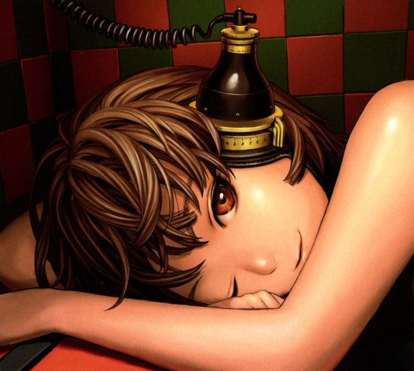 Anime picture 1415x1268 with range murata single looking at viewer short hair smile brown hair brown eyes lying one eye closed scan checkered steam punk girl headphones