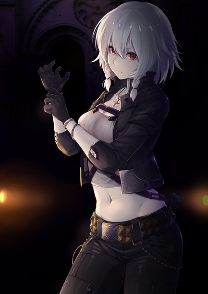 Anime picture 1200x1694 with touhou izayoi sakuya noe noel single tall image looking at viewer fringe short hair breasts hair between eyes red eyes standing cleavage silver hair braid (braids) head tilt arms up open jacket midriff alternate costume