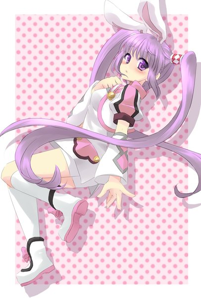 Anime picture 1220x1800 with tales of graces sophie (tales) single long hair tall image blush twintails purple eyes purple hair bunny ears polka dot polka dot background girl detached sleeves boots