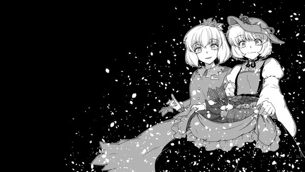 Anime picture 1920x1080 with touhou aki minoriko aki shizuha sunatoshi looking at viewer highres short hair simple background smile wide image multiple girls long sleeves sparkle wallpaper black background monochrome outline girl skirt 2 girls