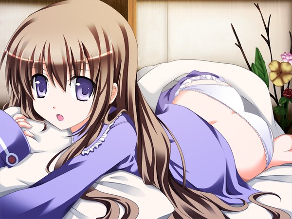 Anime picture 1200x900 with single long hair looking at viewer open mouth light erotic brown hair purple eyes game cg close-up girl underwear panties pillow