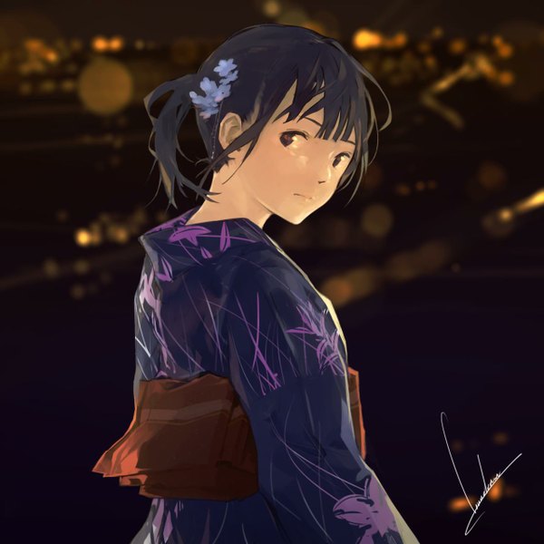Anime picture 1280x1280 with original loundraw single looking at viewer fringe short hair purple eyes signed purple hair ponytail traditional clothes japanese clothes looking back hair flower night city lights dark hair girl hair ornament flower (flowers)