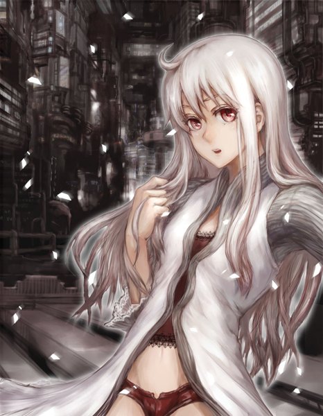 Anime picture 1000x1286 with original sasagawa (haikaiki) single long hair tall image looking at viewer open mouth red eyes white hair wind city wavy hair girl navel petals short shorts