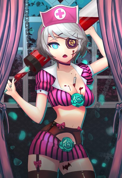 Anime picture 1500x2189 with sword girls iri flina single tall image short hair breasts open mouth blue eyes light erotic silver hair nurse girl thighhighs skirt flower (flowers) black thighhighs miniskirt blood chain eyepatch