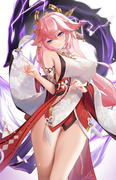 Anime picture 1173x1814 with genshin impact yae miko liu liaoliao single long hair tall image looking at viewer blush fringe breasts light erotic simple background hair between eyes large breasts standing purple eyes bare shoulders signed animal ears pink hair