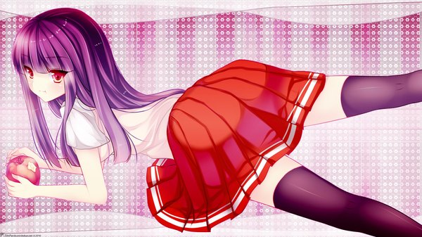 Anime picture 1920x1080 with single long hair highres red eyes wide image purple hair girl thighhighs black thighhighs apple
