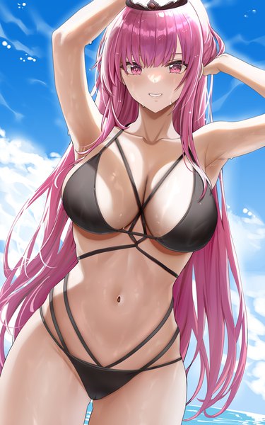 Anime picture 2500x4000 with virtual youtuber hololive hololive english mori calliope piukute062 single long hair tall image looking at viewer highres breasts light erotic smile large breasts standing pink hair sky cloud (clouds) outdoors parted lips