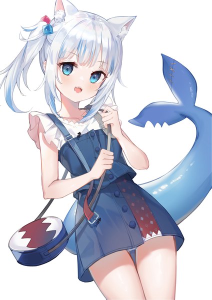Anime picture 1518x2150 with virtual youtuber hololive hololive english gawr gura gawr gura (2nd costume) kyaroru single long hair tall image open mouth blue eyes light erotic simple background white background animal ears silver hair tail :d multicolored hair cat ears