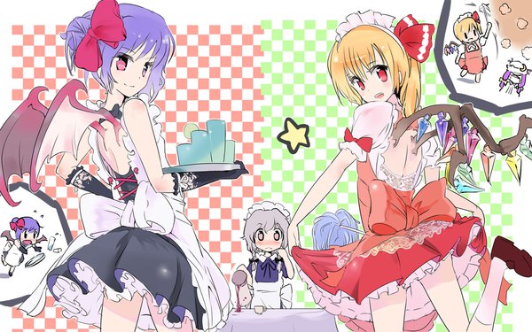 Anime picture 1920x1200 with touhou the embodiment of scarlet devil flandre scarlet remilia scarlet izayoi sakuya patchouli knowledge puuakachan long hair looking at viewer blush fringe highres short hair blonde hair smile red eyes multiple girls purple hair silver hair braid (braids)