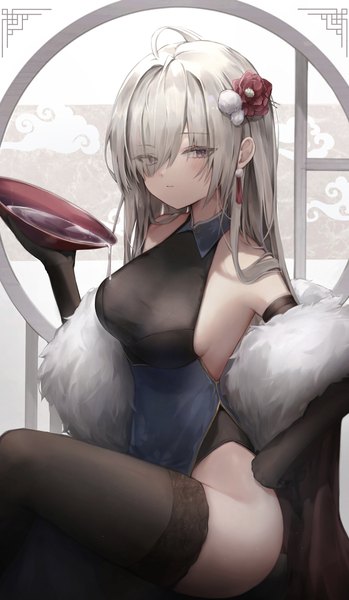 Anime picture 1432x2460 with original hisiya (wldn1112) single long hair tall image looking at viewer blush fringe breasts light erotic large breasts sitting holding ahoge traditional clothes arm up hair flower grey hair hair over one eye grey eyes