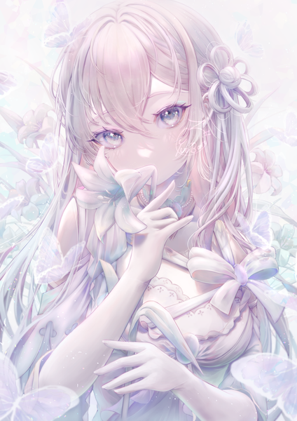 Anime picture 1768x2500 with original yuubarish single long hair tall image looking at viewer fringe highres hair between eyes purple eyes holding signed upper body white hair head tilt covered mouth white skin girl flower (flowers) bow