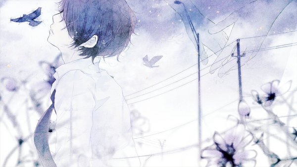 Anime picture 1024x576 with original penchop single short hair wide image blue hair sky profile hair over eyes boy flower (flowers) animal shirt necktie bird (birds) hands power lines lamppost