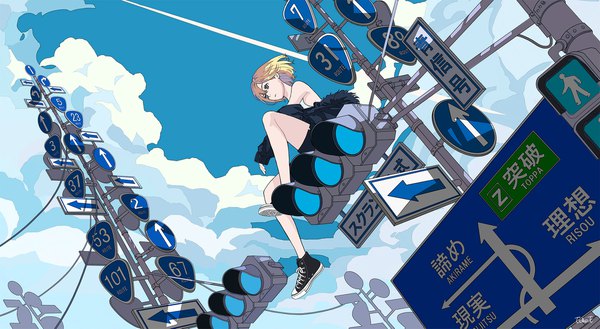 Anime picture 2000x1097 with original seraphitalg single highres short hair blonde hair wide image sitting sky cloud (clouds) full body wind from below condensation trail girl shoes sneakers traffic sign traffic lights