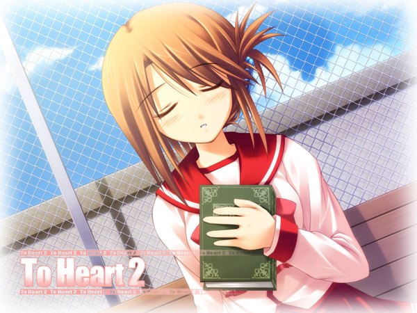 Anime picture 1280x960 with to heart 2 leaf (studio) komaki manaka single blush short hair brown hair sky cloud (clouds) outdoors eyes closed dutch angle copyright name folded ponytail against fence girl book (books) fence bench chain-link fence
