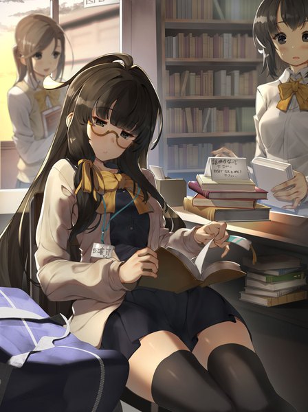 Anime picture 868x1163 with original scottie (phantom2) long hair tall image blush fringe black hair hair between eyes brown hair standing sitting multiple girls holding ahoge ponytail indoors blunt bangs head tilt pleated skirt black eyes