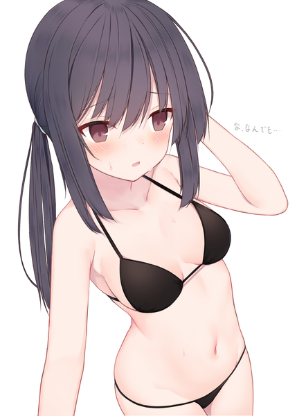 Anime picture 1036x1450 with original mm2k single long hair tall image blush fringe breasts open mouth light erotic black hair simple background hair between eyes standing white background bare shoulders brown eyes payot arm up sweat
