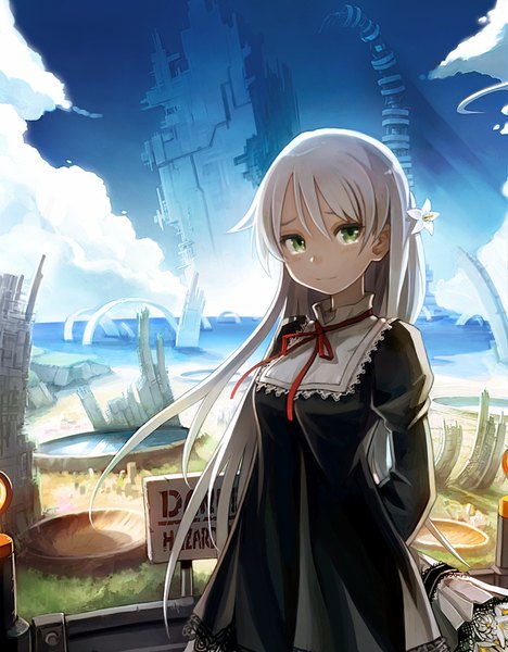 Anime picture 702x900 with original bail single long hair tall image fringe smile standing green eyes looking away hair flower grey hair hands behind back girl dress hair ornament flower (flowers) ribbon (ribbons) black dress