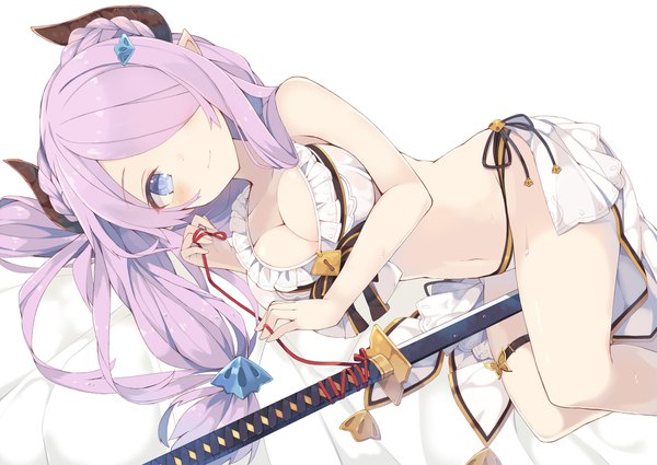 Anime picture 1800x1276 with granblue fantasy narmaya (granblue fantasy) narmaya (summer) (granblue fantasy) nibiiro shizuka single long hair looking at viewer blush fringe highres light erotic simple background white background purple eyes purple hair lying horn (horns) light smile pointy ears hair over one eye