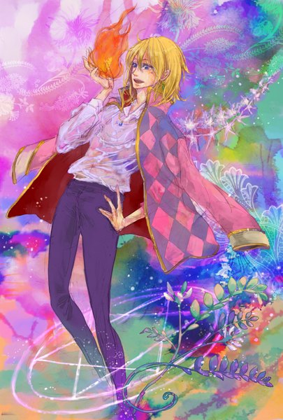 Anime picture 1181x1748 with howl's moving castle studio ghibli howl calcifer 392 (pixiv) long hair tall image blush open mouth blue eyes blonde hair magic open collar demon boy earrings shirt fire